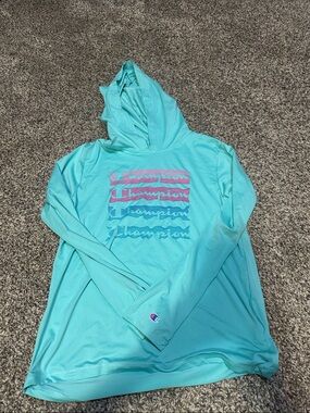 Champion Teal Hooded Long Sleeve Top with Pink and Blue Logo Stripes